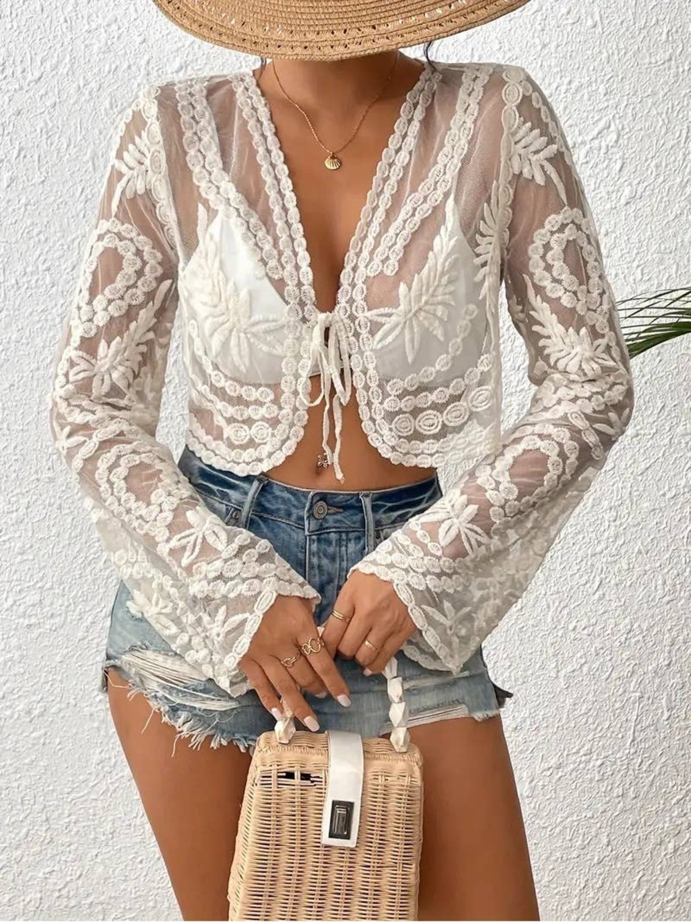 Say What Sheer Lace Embroidered Bolero Shrug